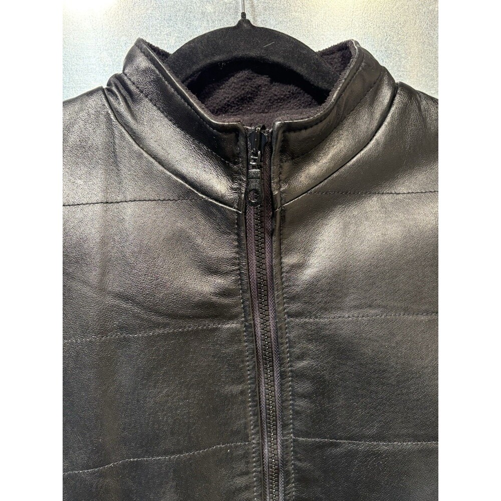 Leather & Fleece Vest Moto Cowboy Henigs Fur Real Reversible Black Full Zip Lg